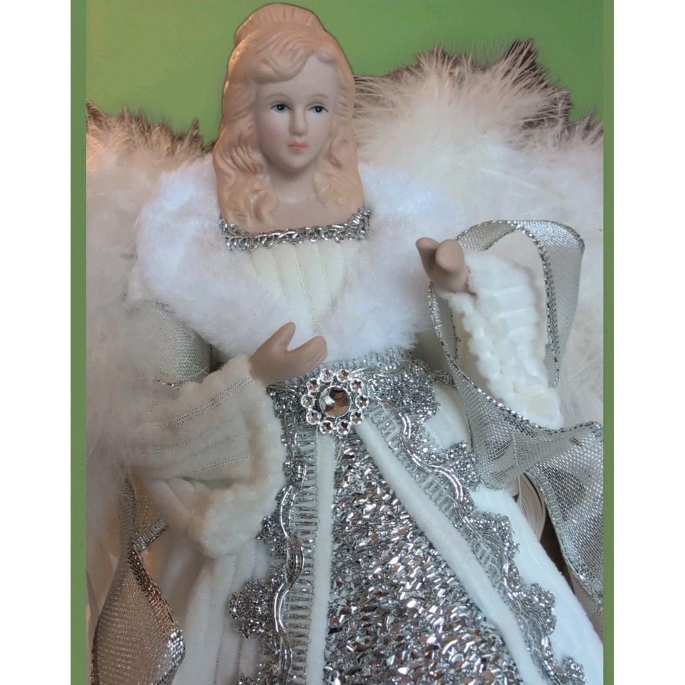 Victorian Xmas Angel Tree Topper White Silver  Feather wings 12" Tall Porcelain
